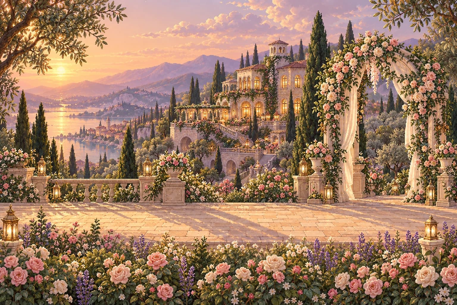 Günbatımında çiçəkli toy bağı, işıqlı saray və qızılgüllü toy tağı